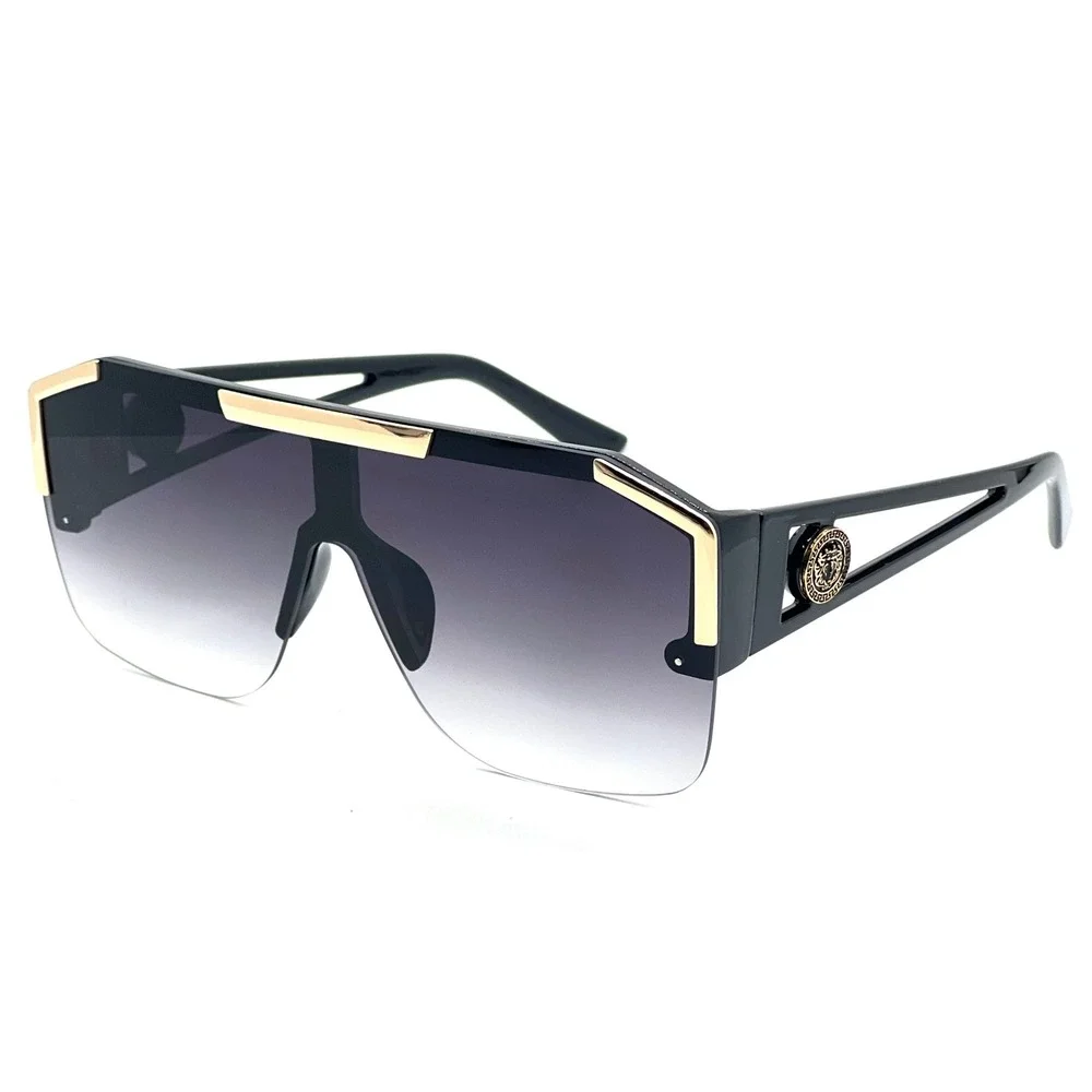 Black Gold Oversized Square Flat Top Shield Women Sunglasses Gradient Smoke Lens